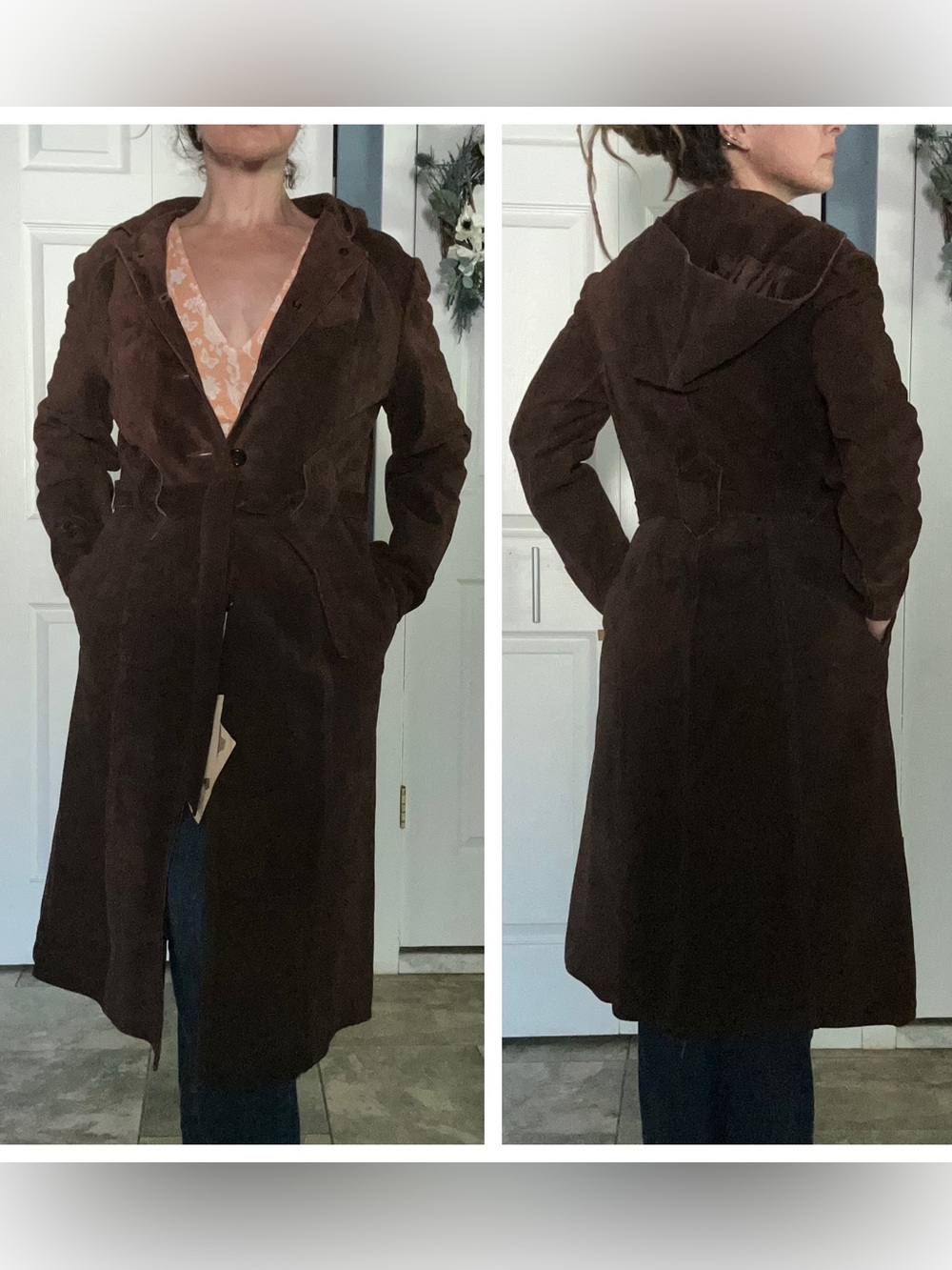 Vintage Deadstock 70s Suede Leather NWT Hooded Belted Long Heavy Boho Jacket 10